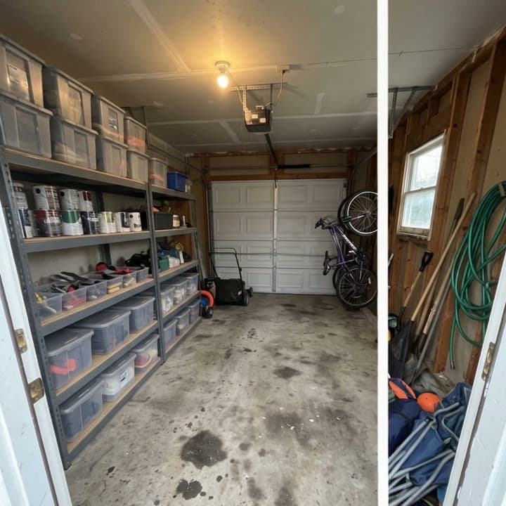 Cluttered garage to shelves of bins, as a wipe reveal, a real run on Leap