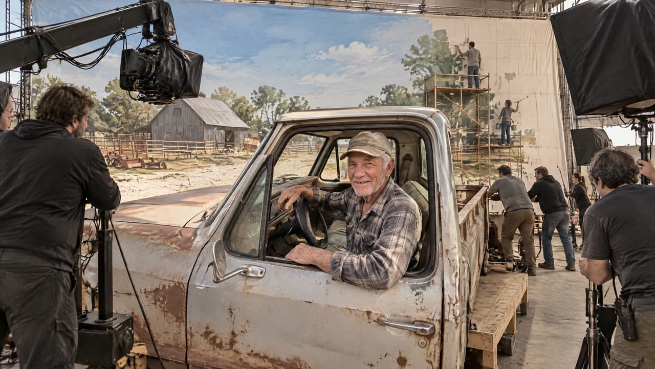 Walt in his pickup before a painted farmyard, a real run on Leap