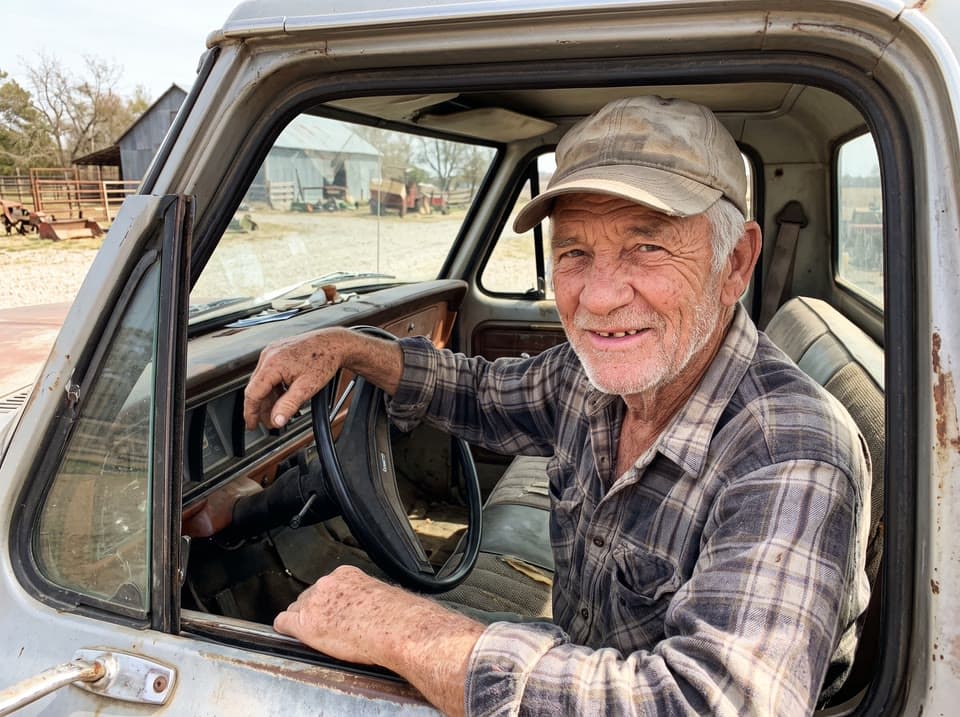 The photo walt in his pickup before a painted farmyard started from