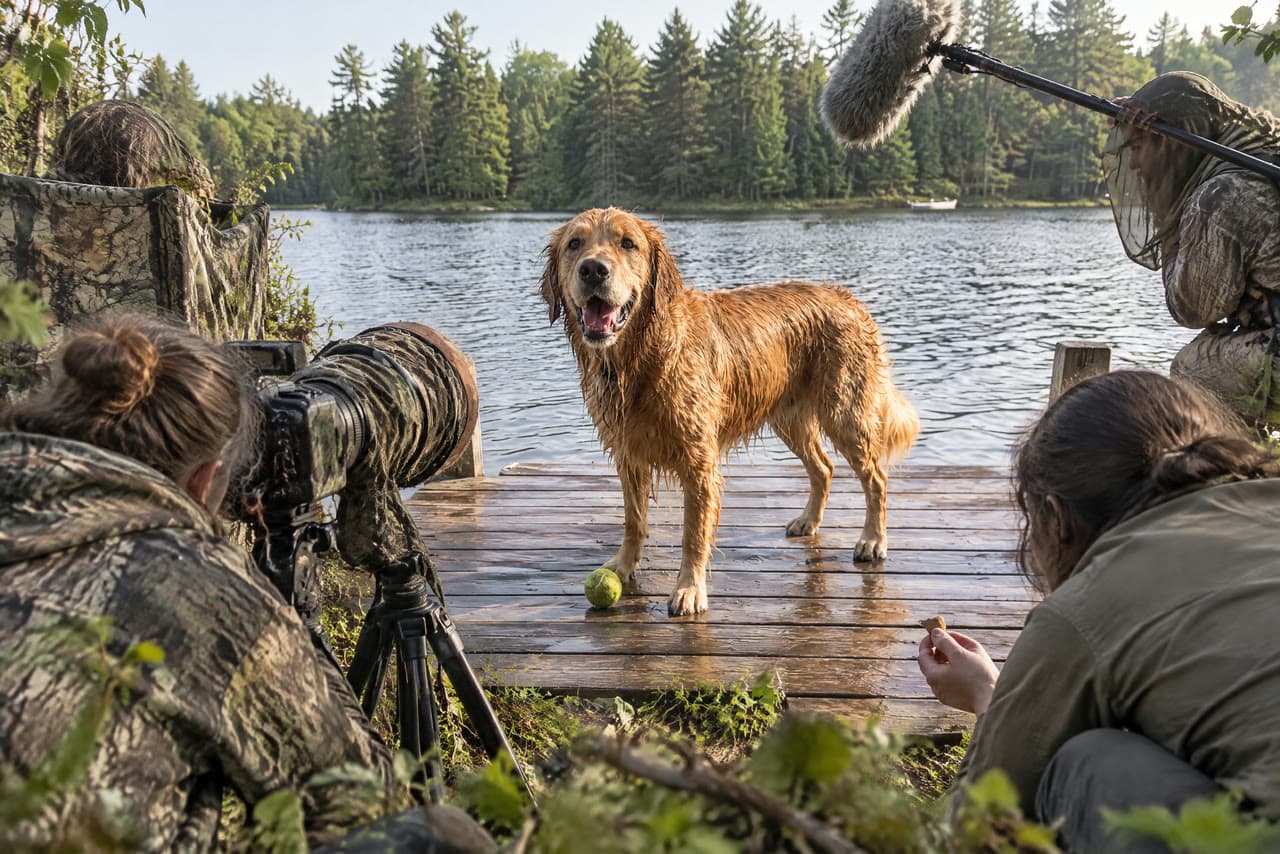 A wet golden retriever, filmed as rare wildlife, a real run on Leap