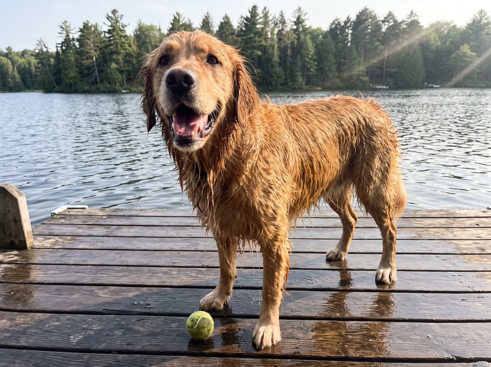 The photo a wet golden retriever, filmed as rare wildlife started from