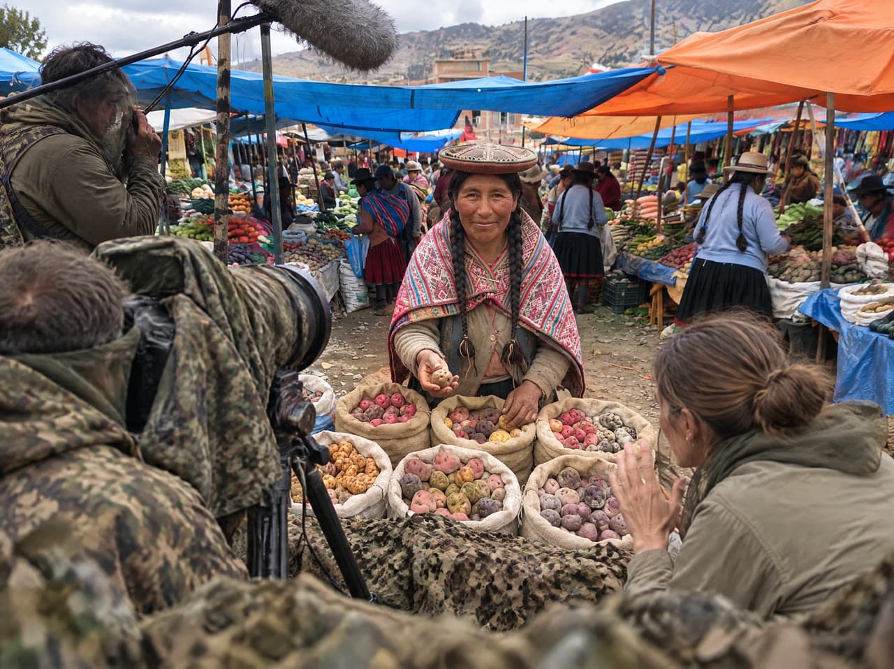Rosa at the potato market, filmed as rare wildlife, a real run on Leap