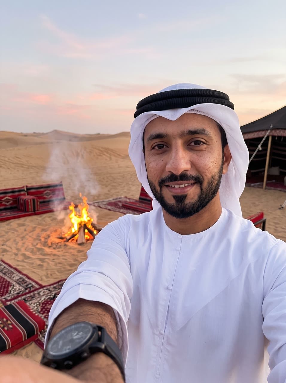 The photo khalid's desert-camp selfie, on a soundstage started from