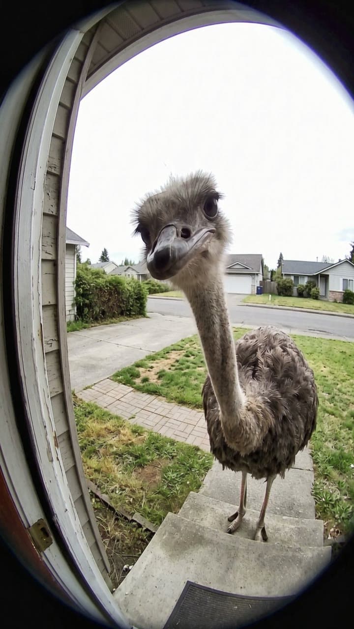 An ostrich pecks at the doorbell camera, a real run on Leap