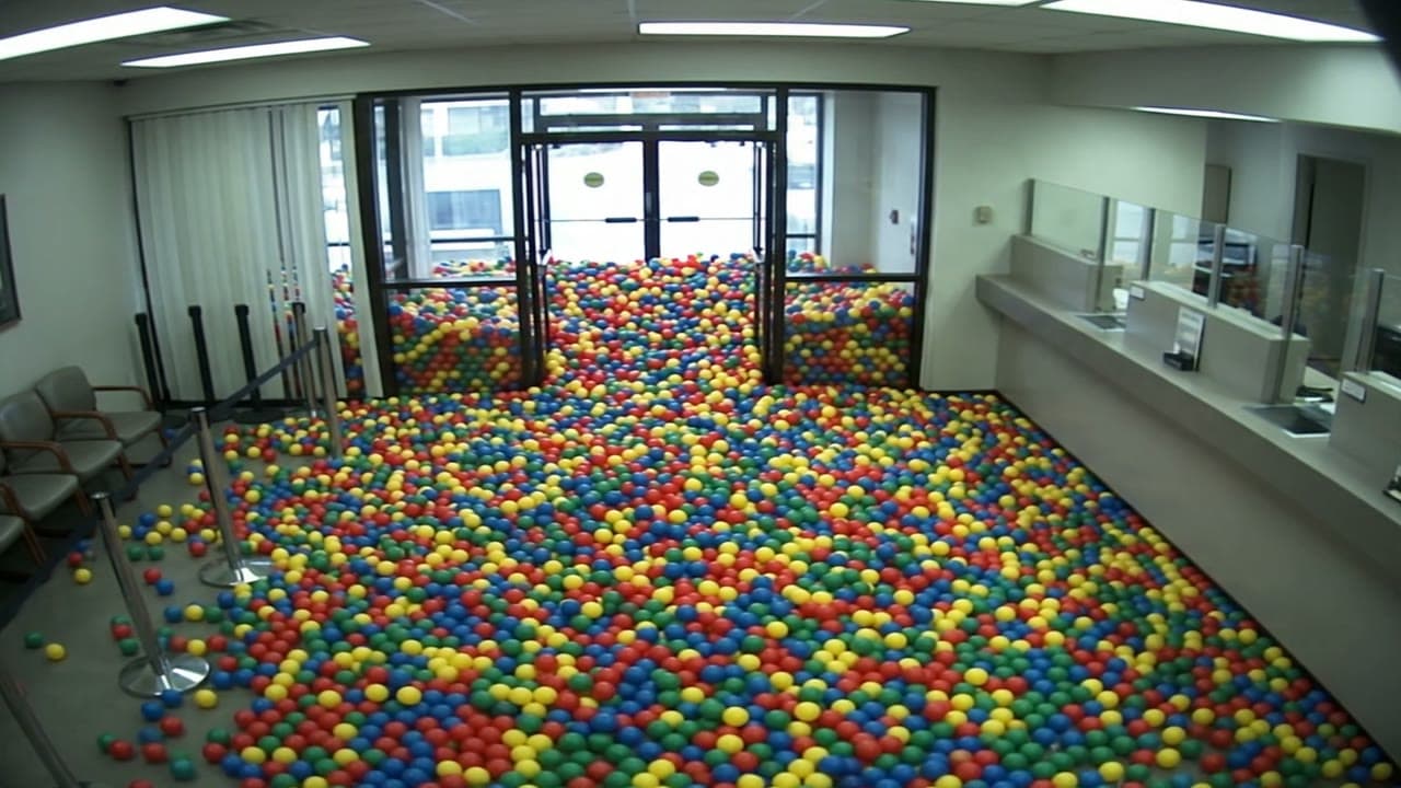 Ball-pit balls flood a bank lobby on CCTV, a real run on Leap
