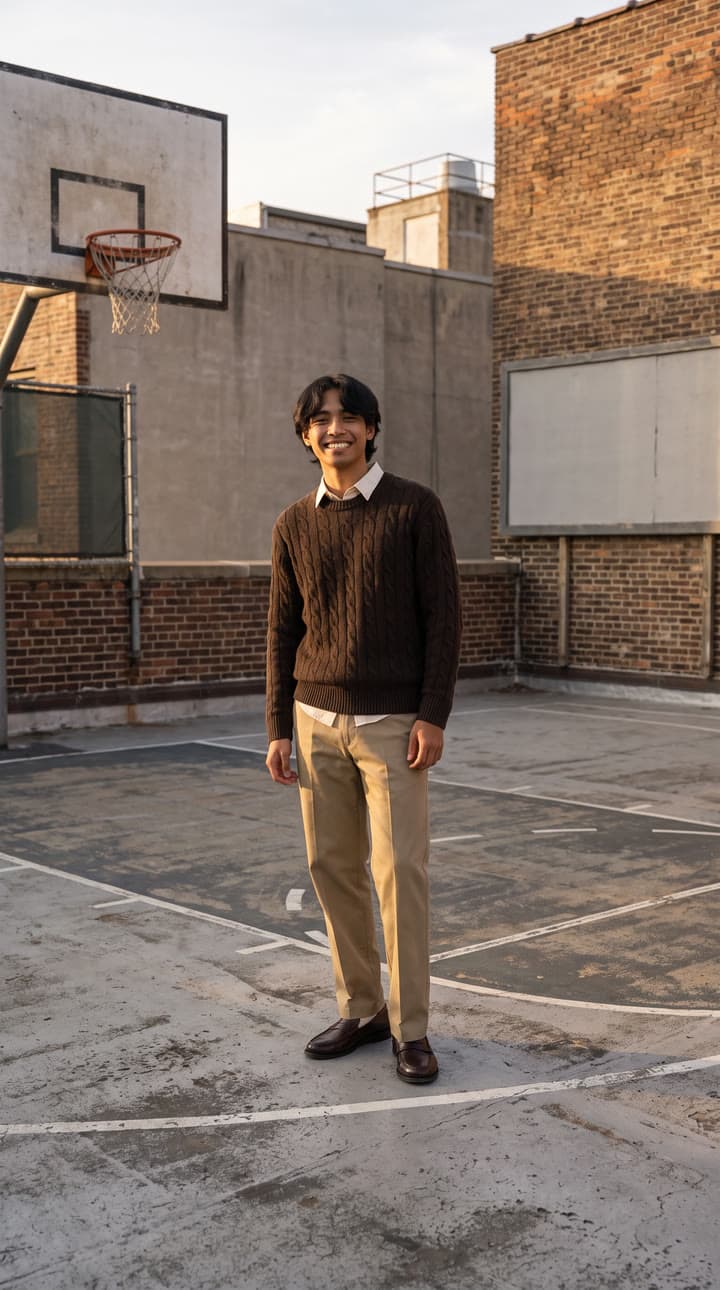 Same character, a rooftop court at dusk, a real run on Leap