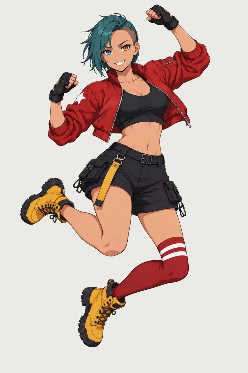An anime fighter mid-jump, cut out clean, a real run on Leap