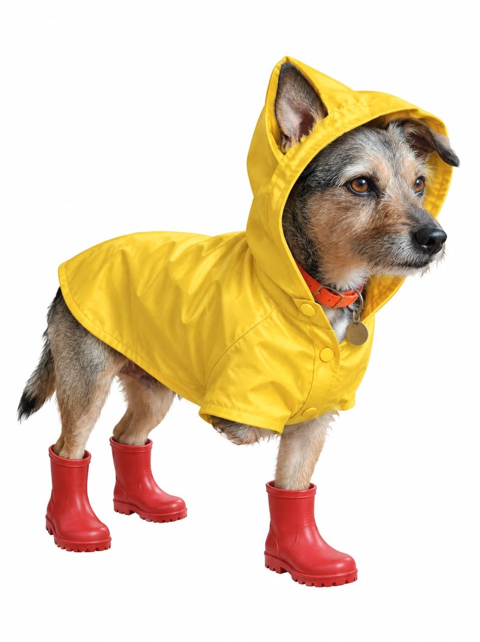 A three-legged terrier in a yellow raincoat and red boots, a real run on Leap