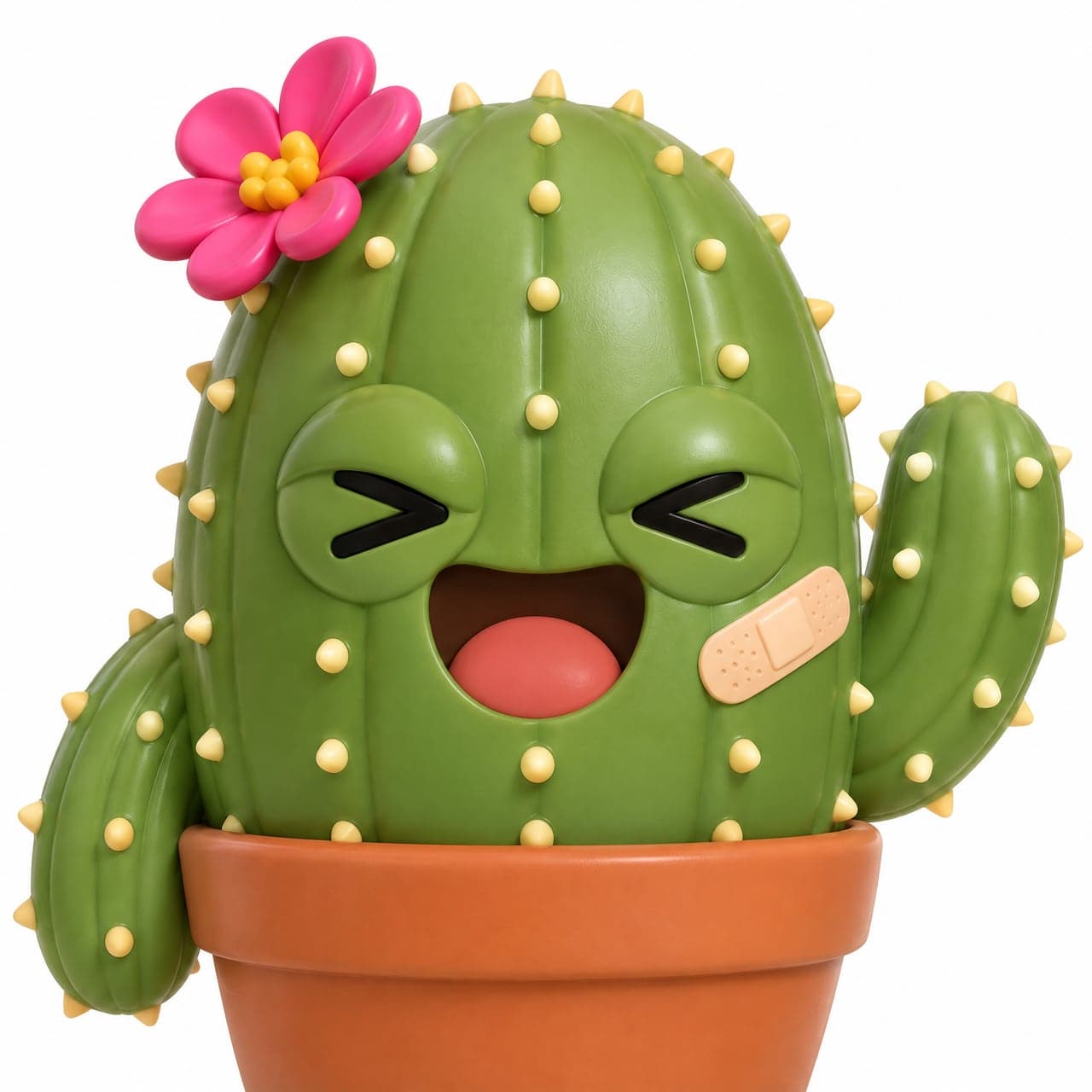A cactus mascot laughing, the first of four faces, a real run on Leap