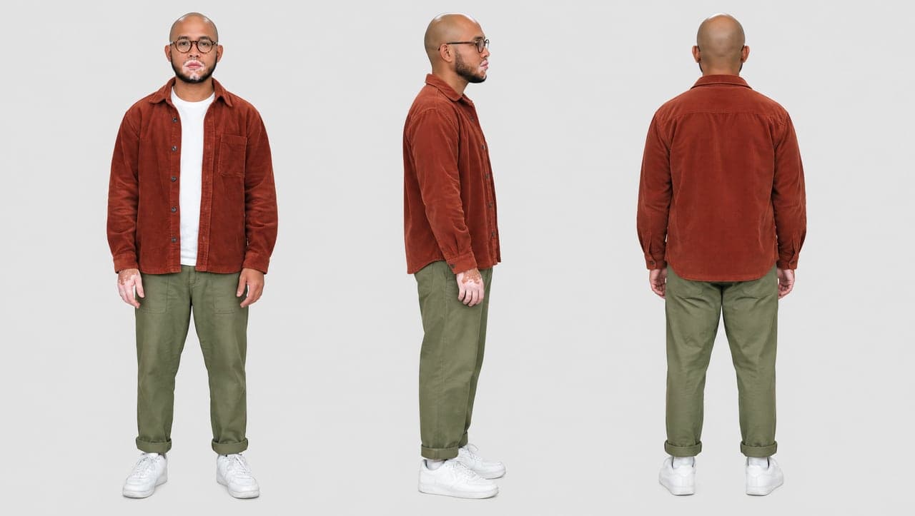 A man with vitiligo, front, side and back on one sheet, a real run on Leap