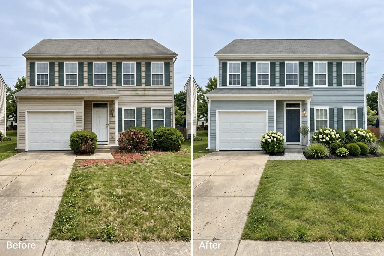 The colonial in coastal gray-blue, before and after, a real run on Leap