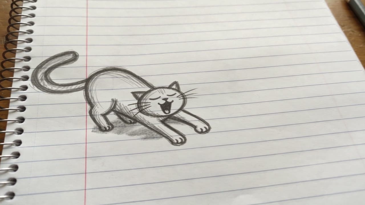 A pencil cat stretches awake, a real run on Leap