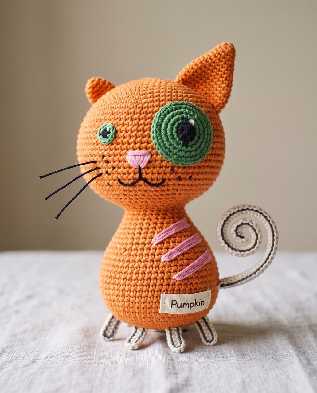 Pumpkin, the lopsided cat in crochet, a real run on Leap