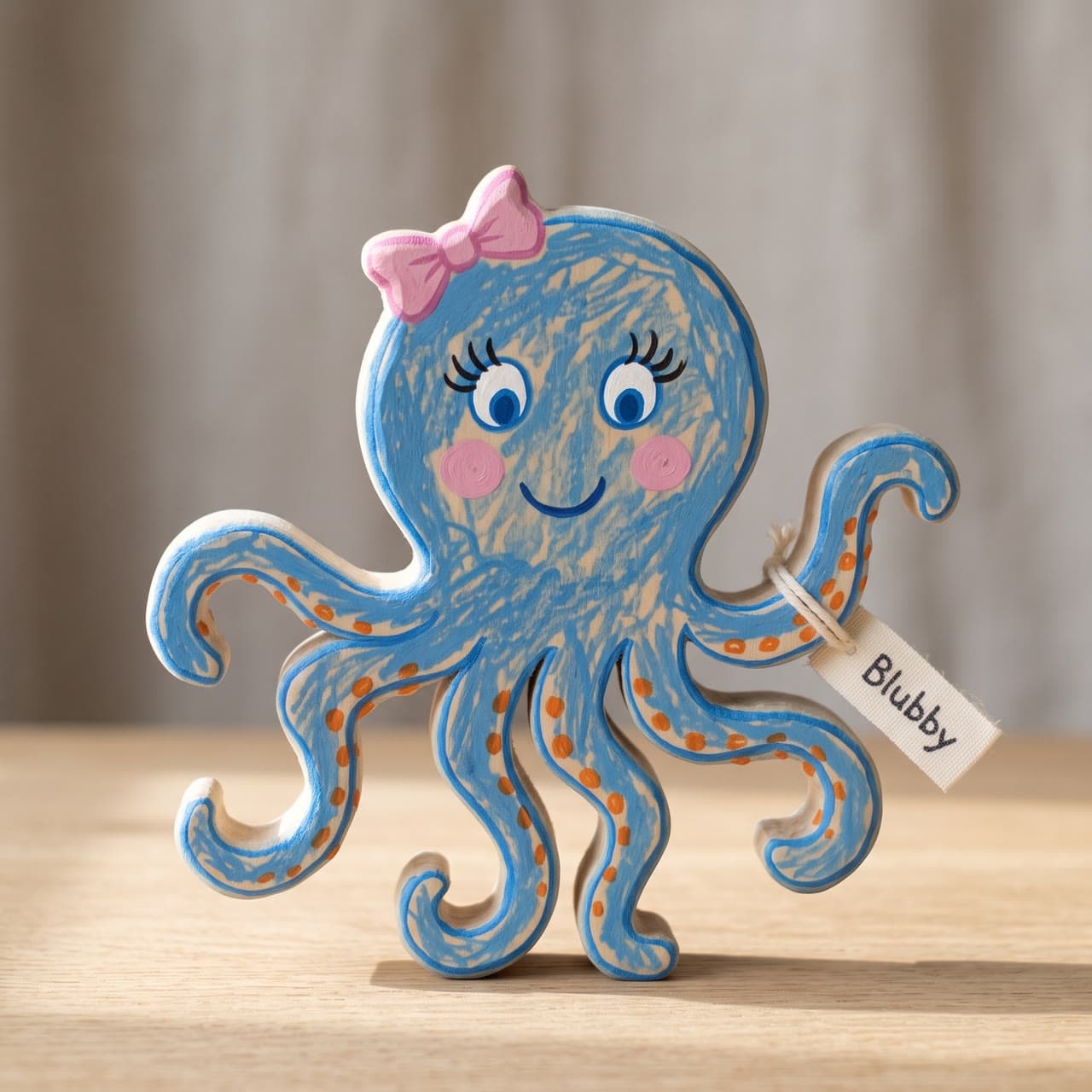 Blubby the octopus, carved in wood, a real run on Leap