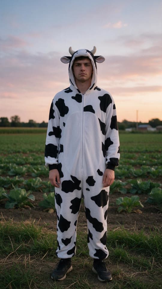 The photo a man in a cow onesie, beamed up started from