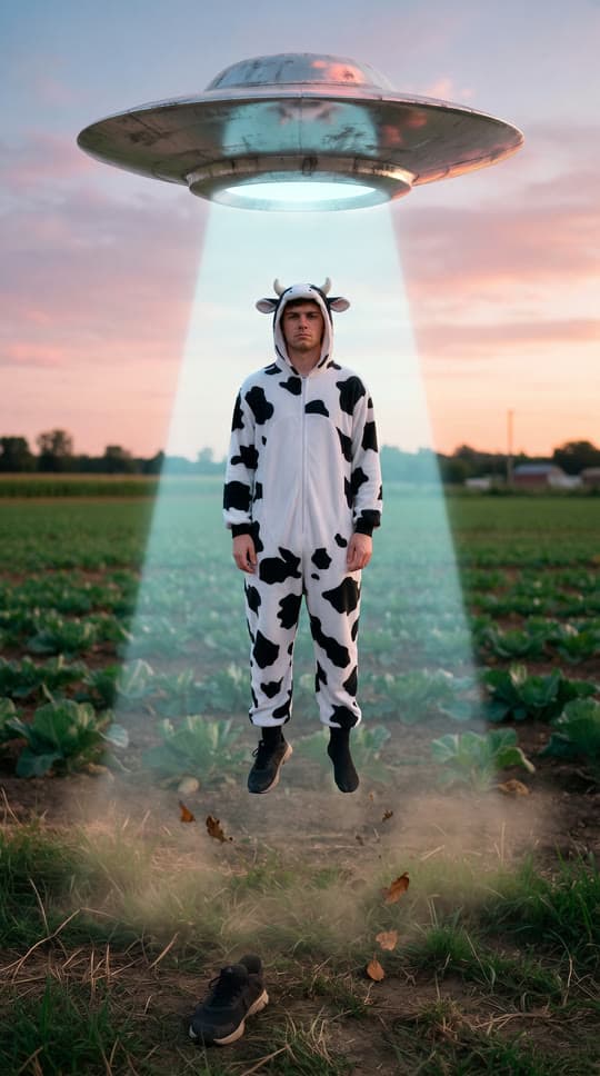 A man in a cow onesie, beamed up, a real run on Leap