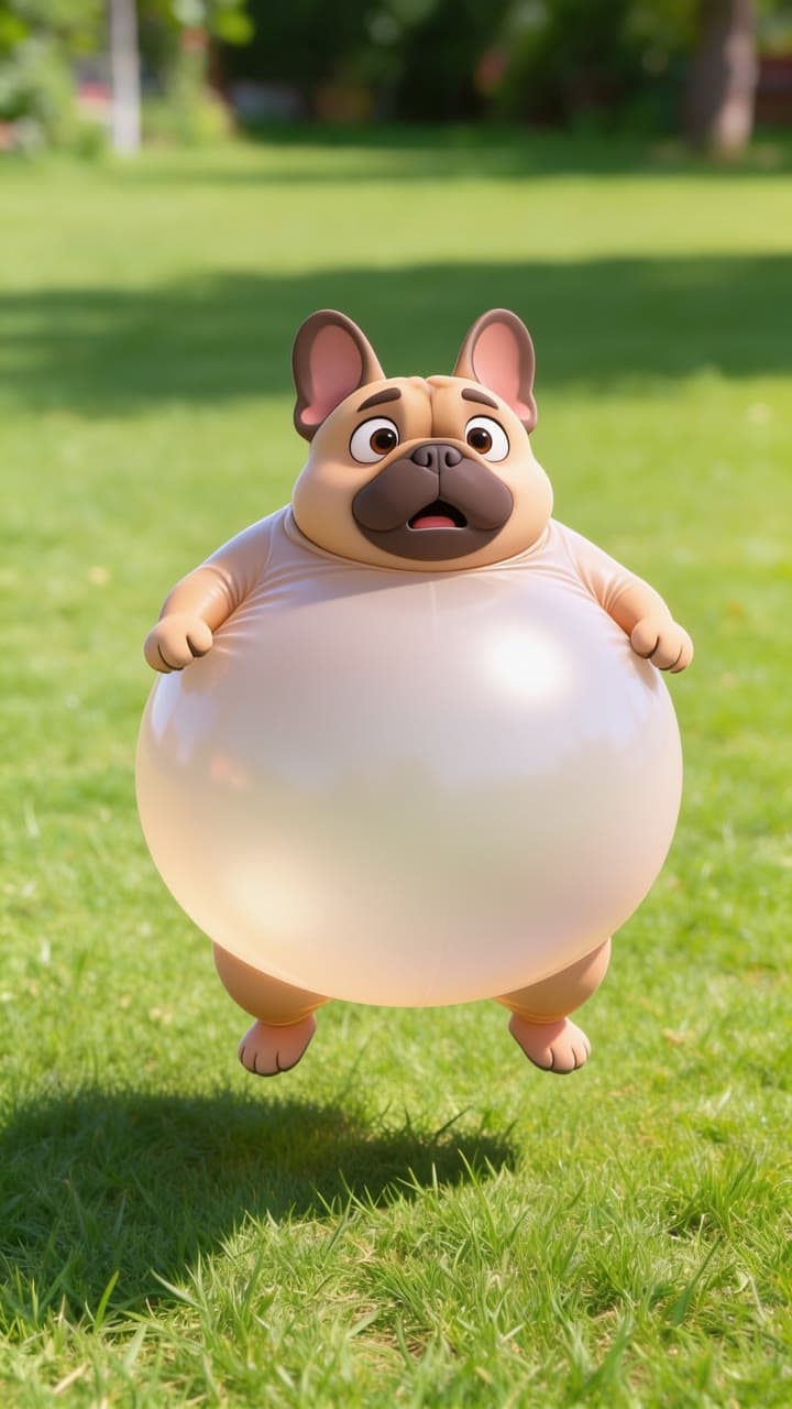 A French bulldog, inflated, a real run on Leap
