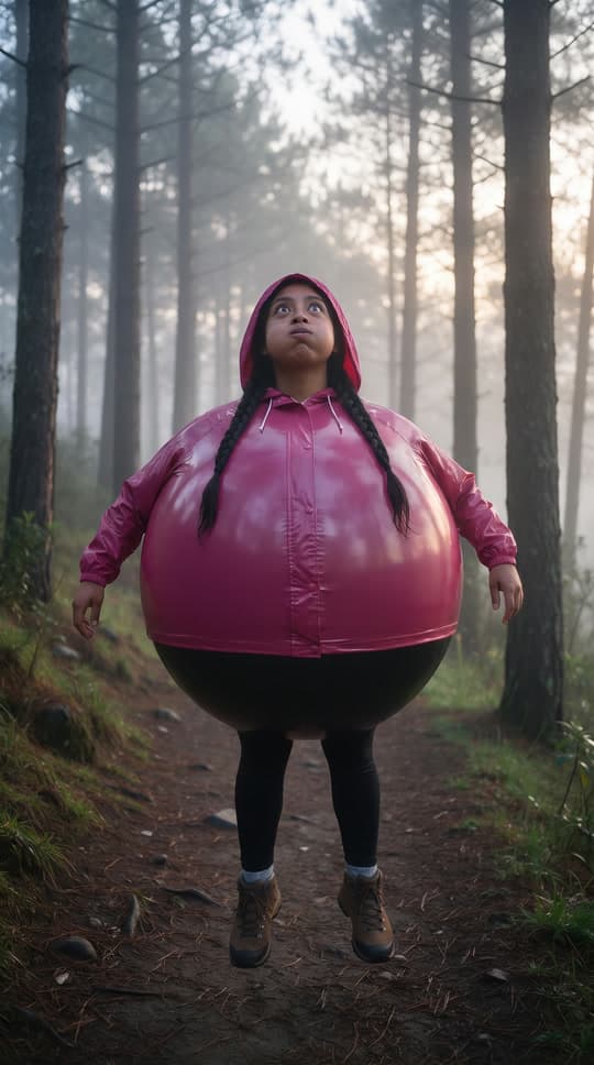 Up through the pines in a magenta raincoat, a real run on Leap