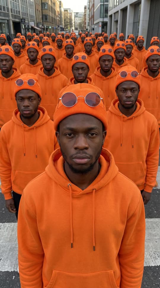 Hundreds of orange hoodies tilt at once, a real run on Leap