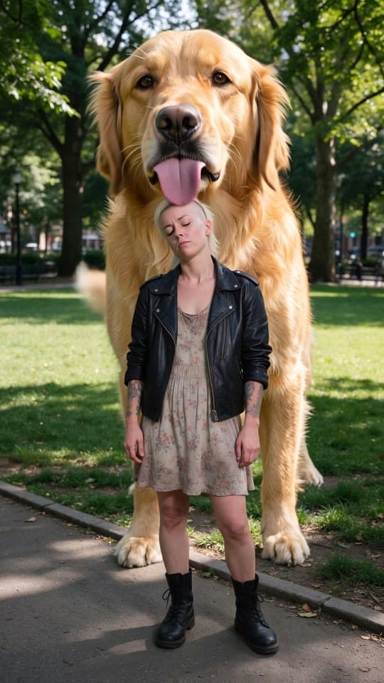 A giant golden retriever licks the punk's bleached crop, a real run on Leap