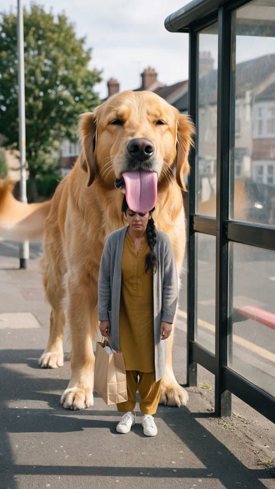 Licked at the bus stop by a dog the size of the shelter, a real run on Leap