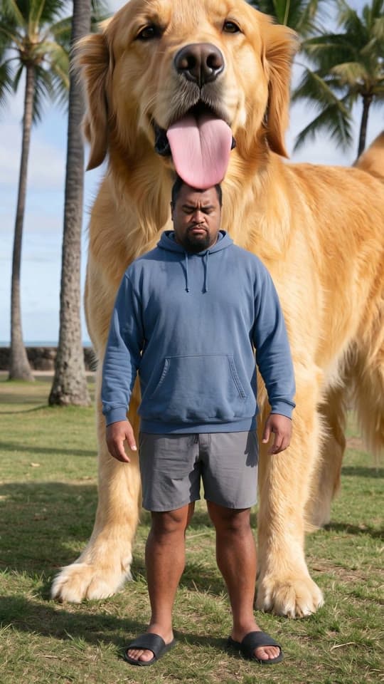 A seaside park, a very big golden retriever, one lick, a real run on Leap
