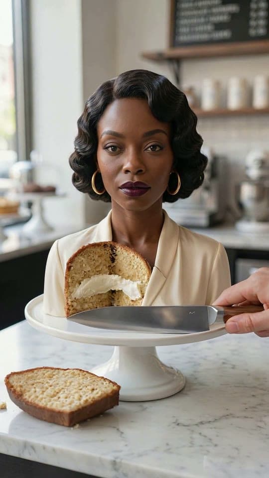 The finger waves were fondant: cake, sliced at the chest, a real run on Leap