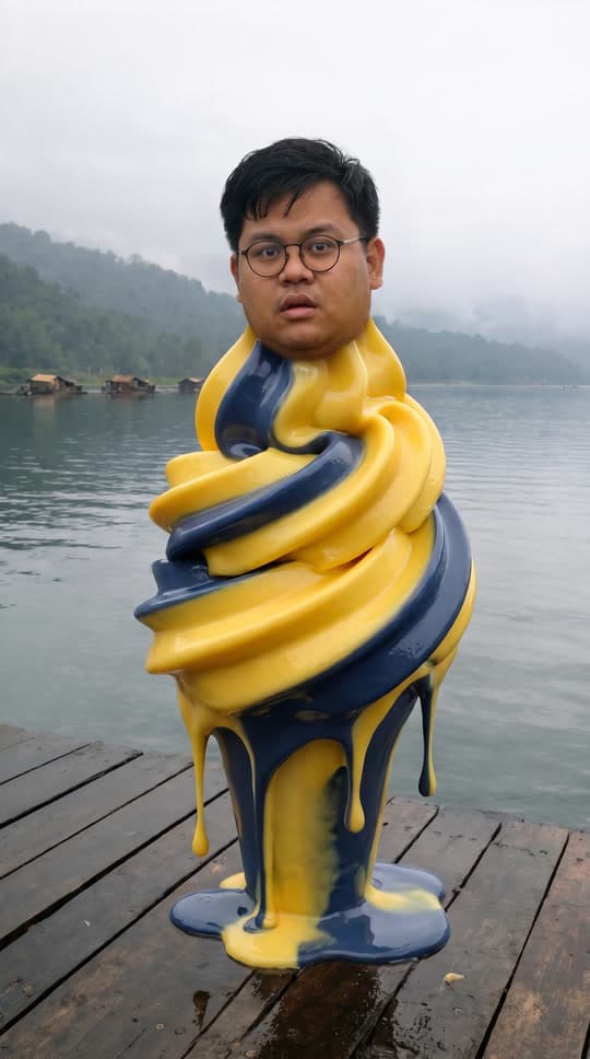 A yellow-and-navy swirl slumps on a lake dock, a real run on Leap
