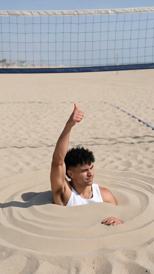Swallowed by the volleyball court, thumb up, a real run on Leap
