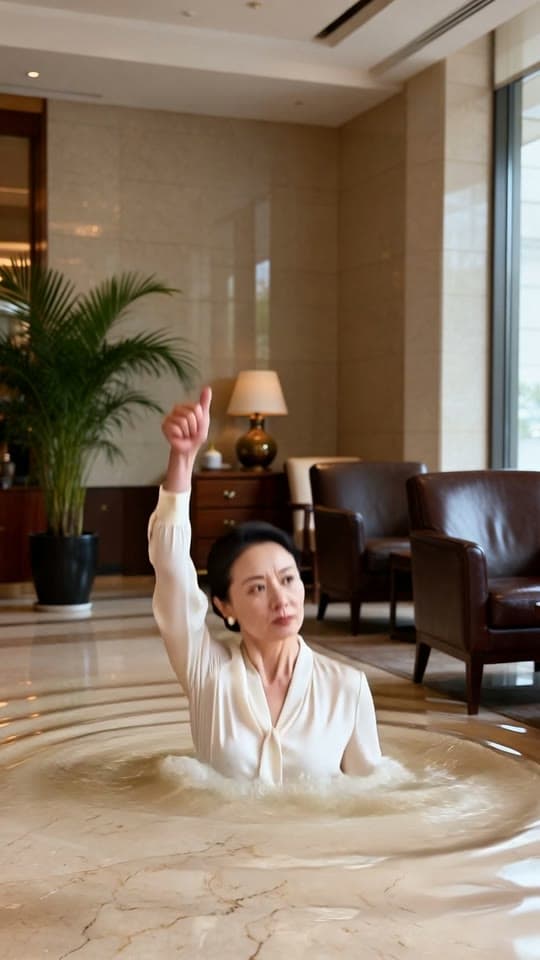 The hotel lobby's marble swallows her, thumb up, a real run on Leap