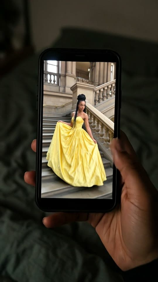 A yellow ball gown on the town hall stairs, scrolled past for a cat, a real run on Leap