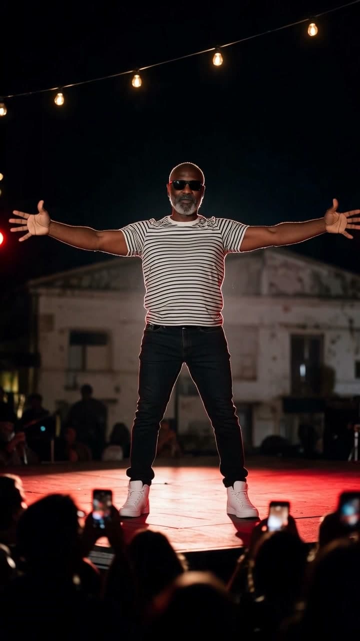 A grey-bearded man in wraparound shades owns the red stage, a real run on Leap