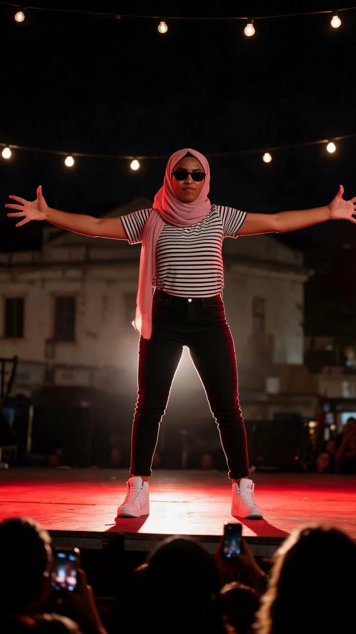 Pink hijab, striped tee, every arm wave on the beat, a real run on Leap