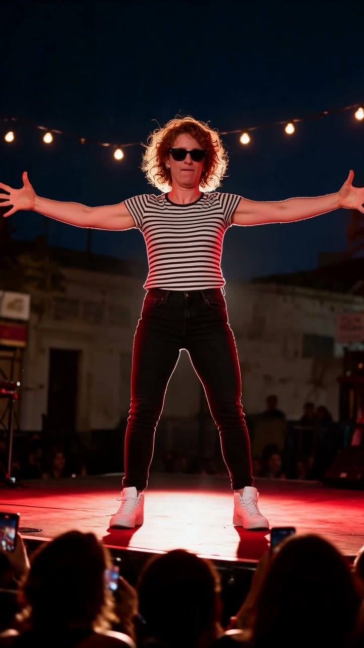 Copper curls and wraparound shades, mid-routine, a real run on Leap
