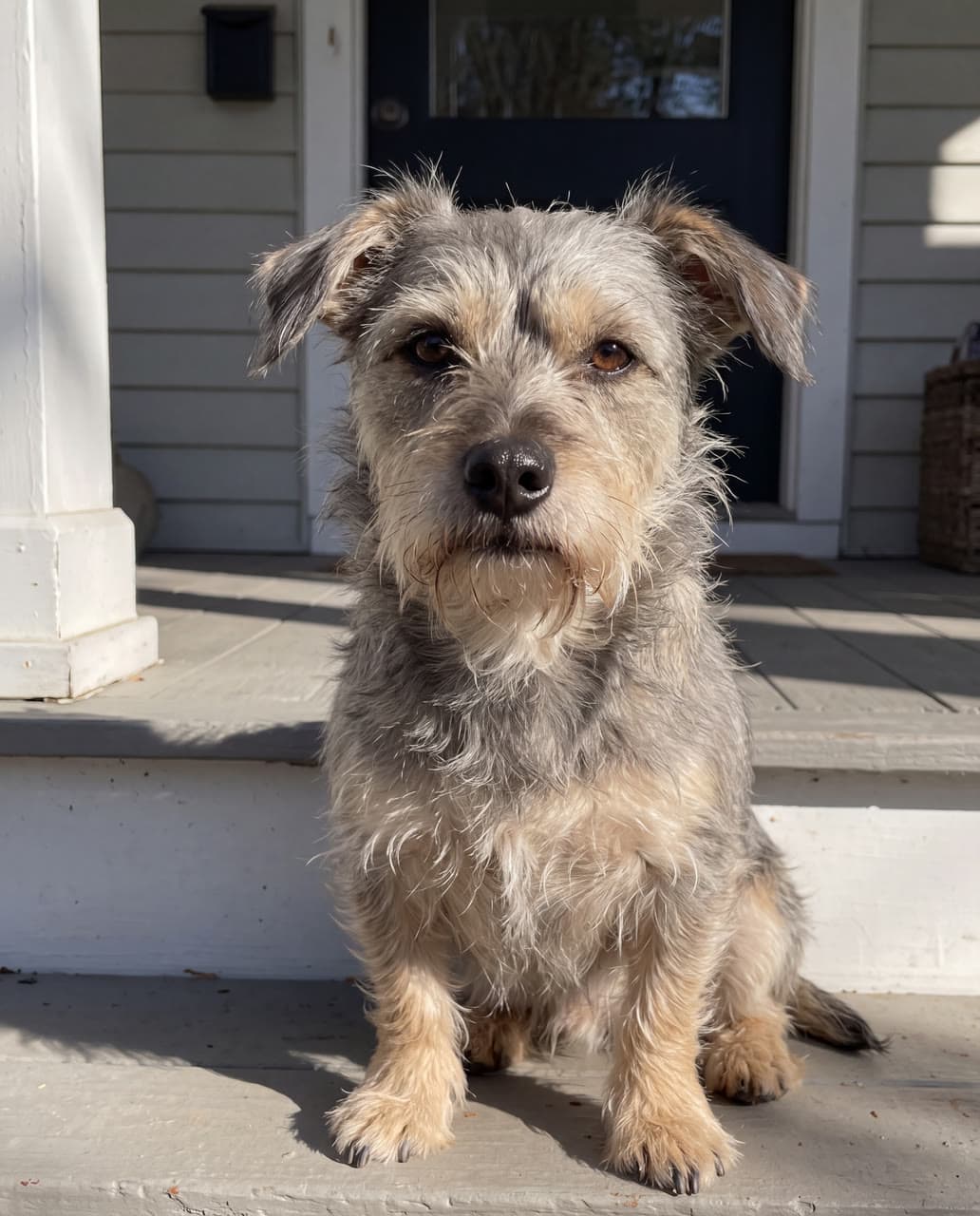 A wire-haired terrier, fur back, a real run on Leap