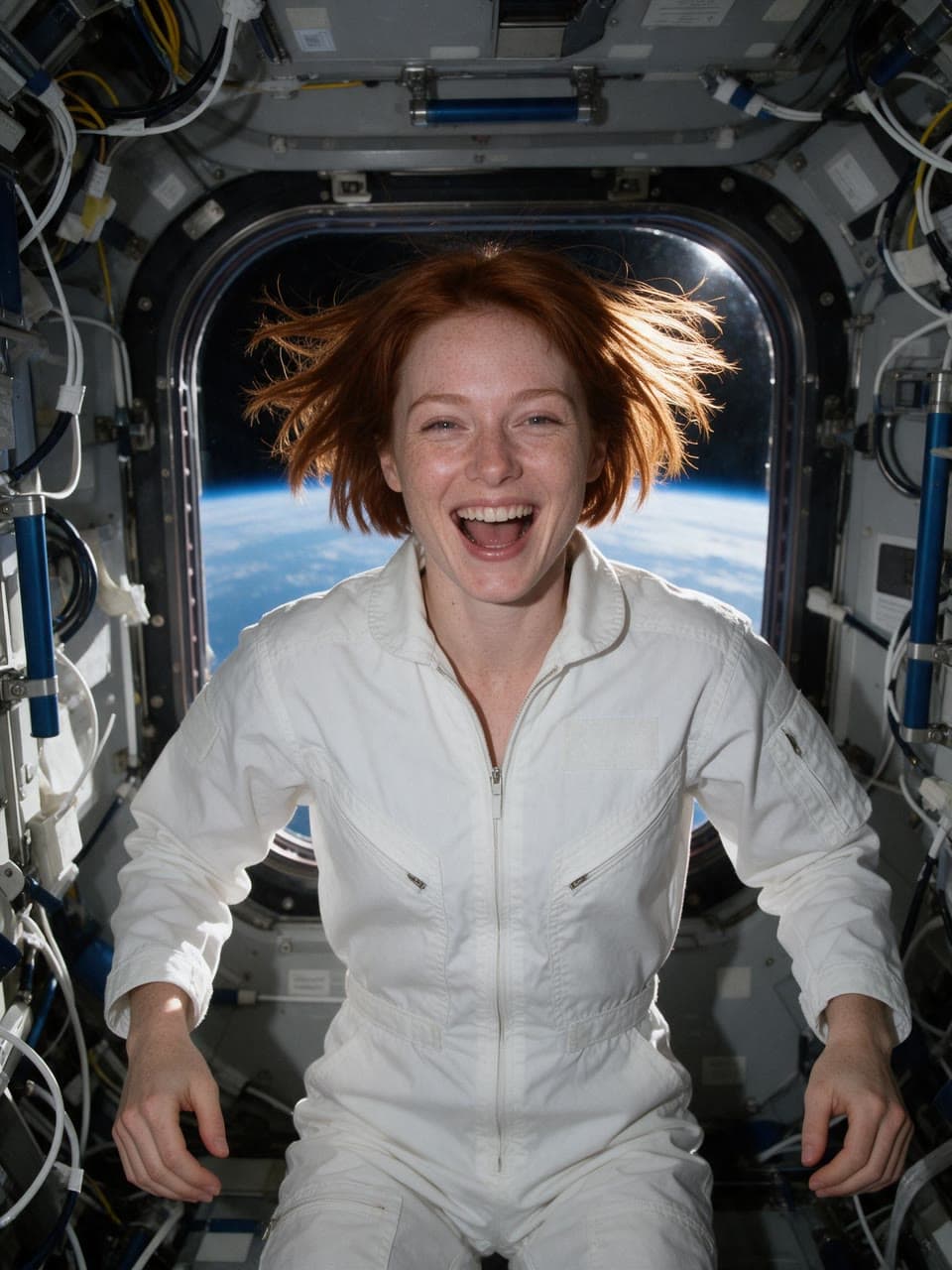 The photo curls floating on a space station started from