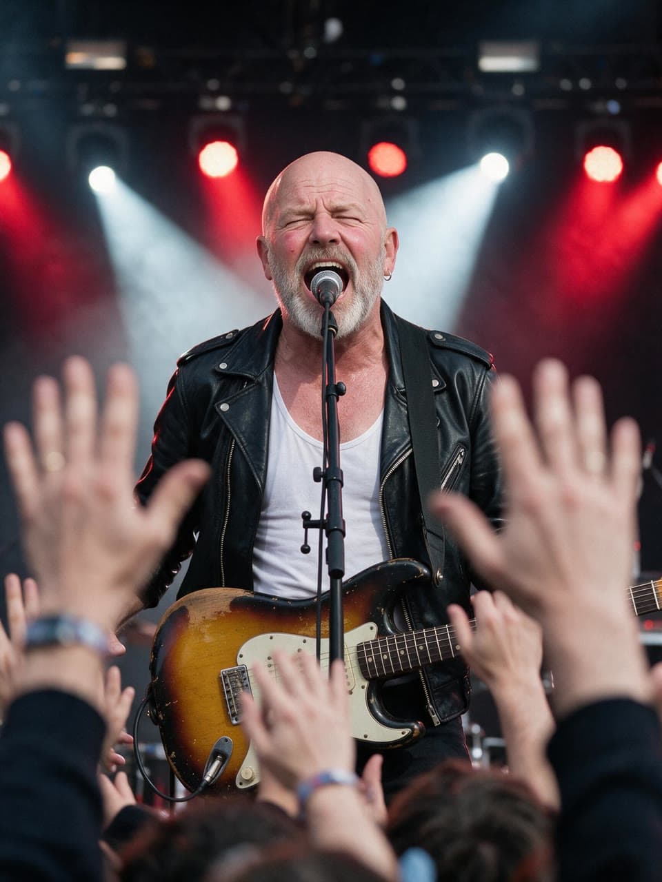 A bald, bearded rocker mid-scream, a real run on Leap
