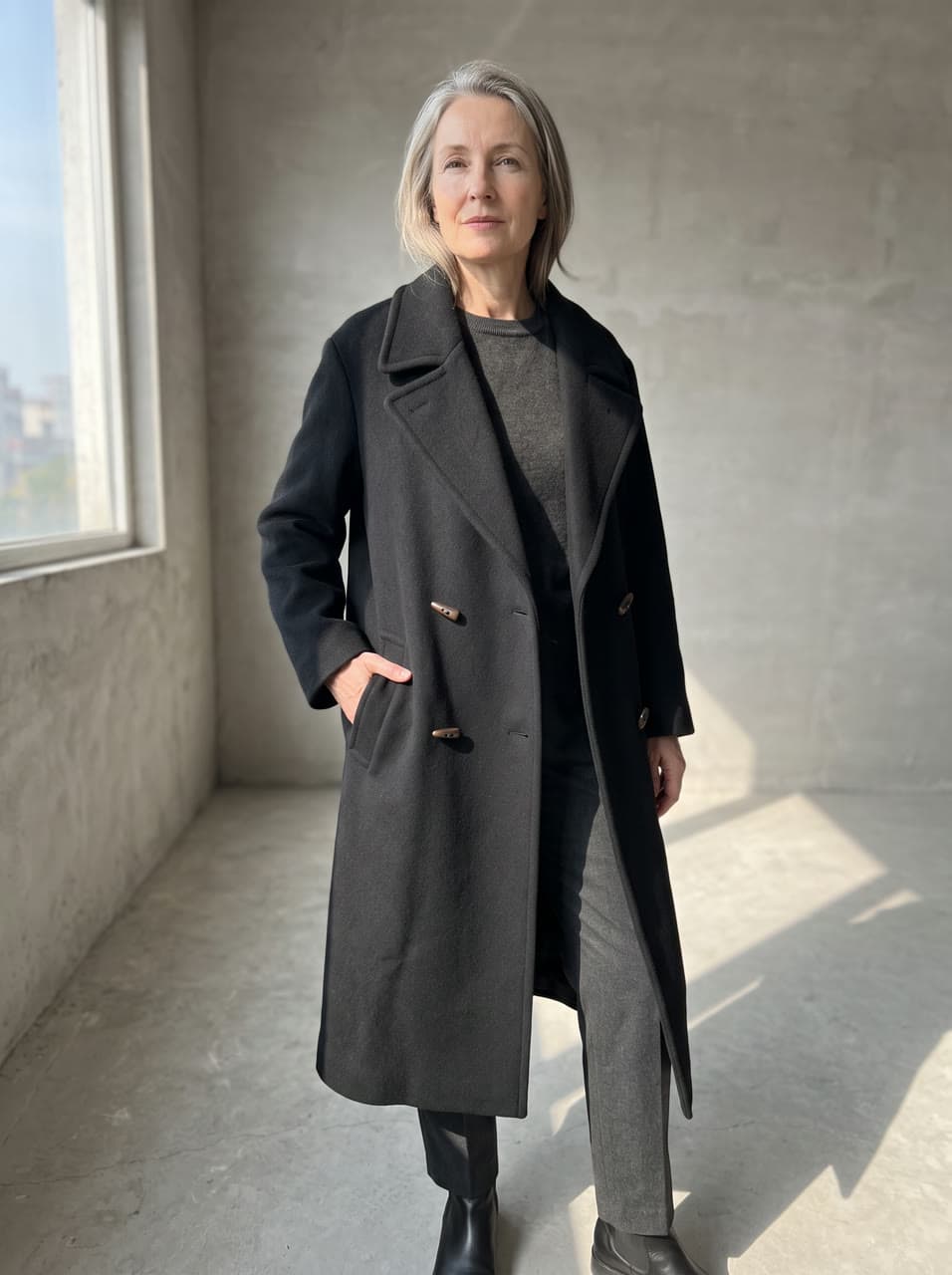Black wool coat, editorial, a real run on Leap