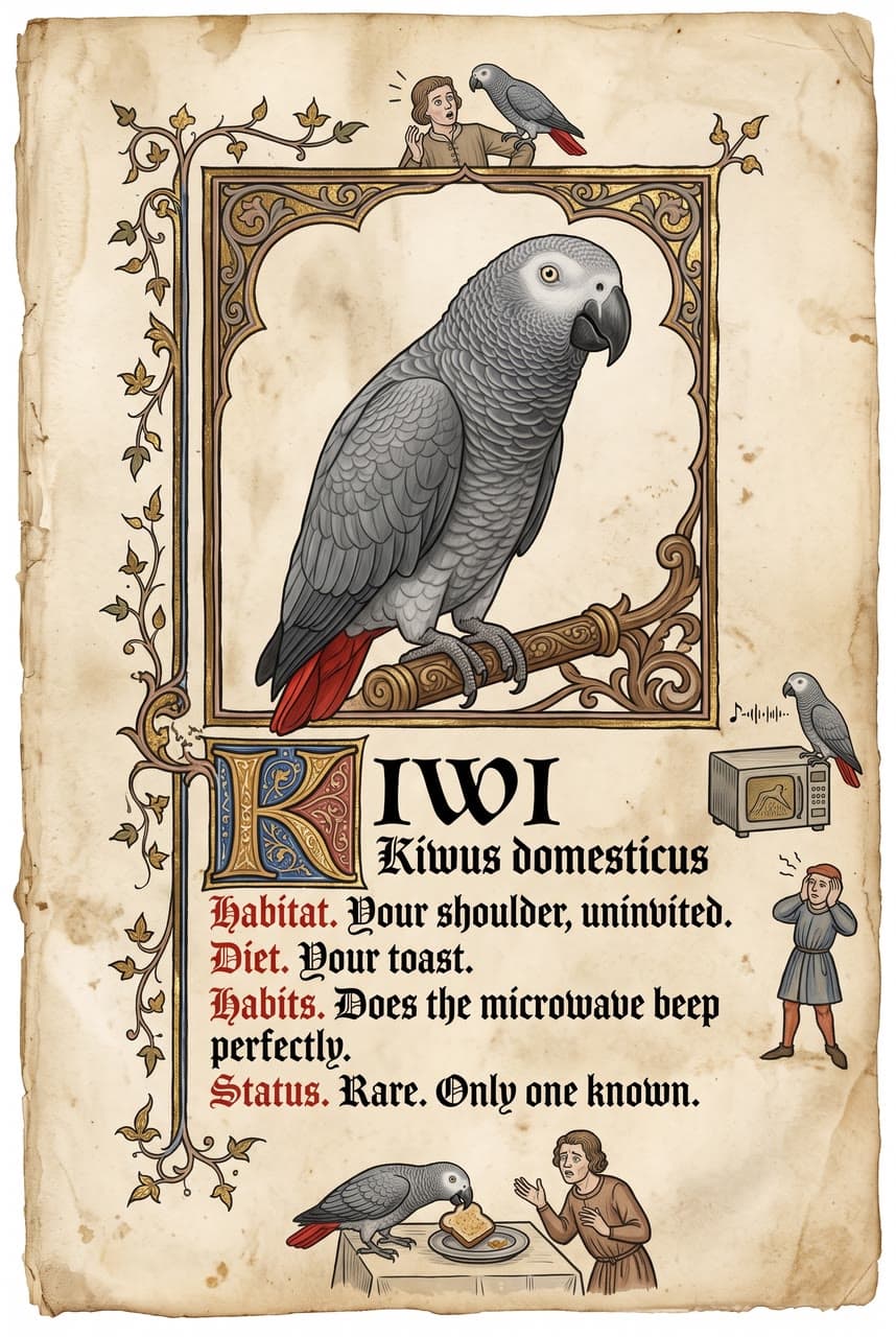 Kiwi, an illuminated bestiary leaf, a real run on Leap