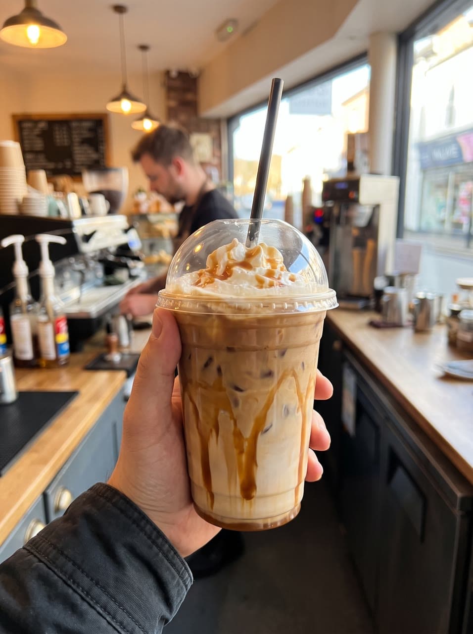 The photo an iced caramel latte, held up at the café started from