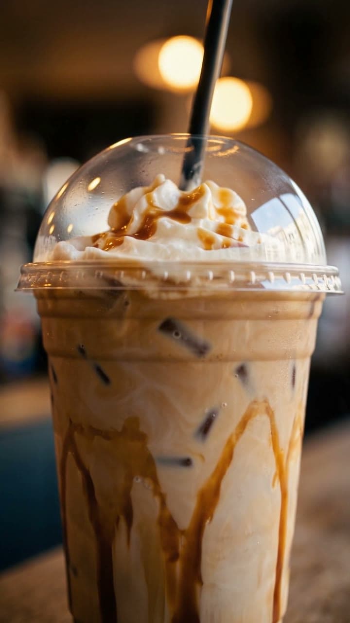 An iced caramel latte, held up at the café, a real run on Leap