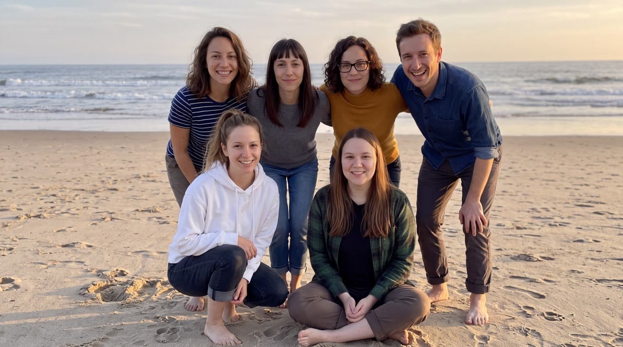 Six lookalike friends on a beach, a real run on Leap