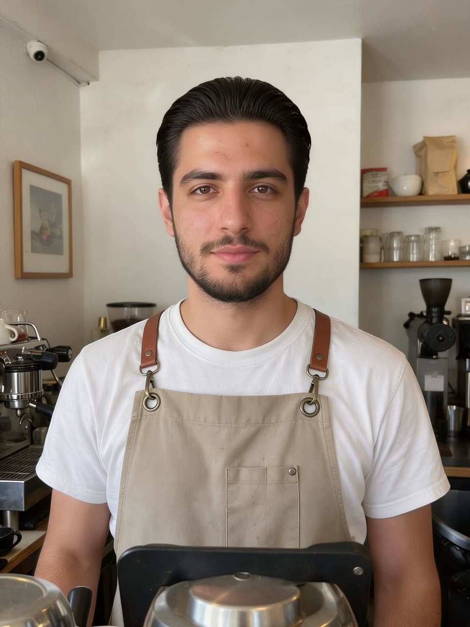 The barista, slicked back, a real run on Leap
