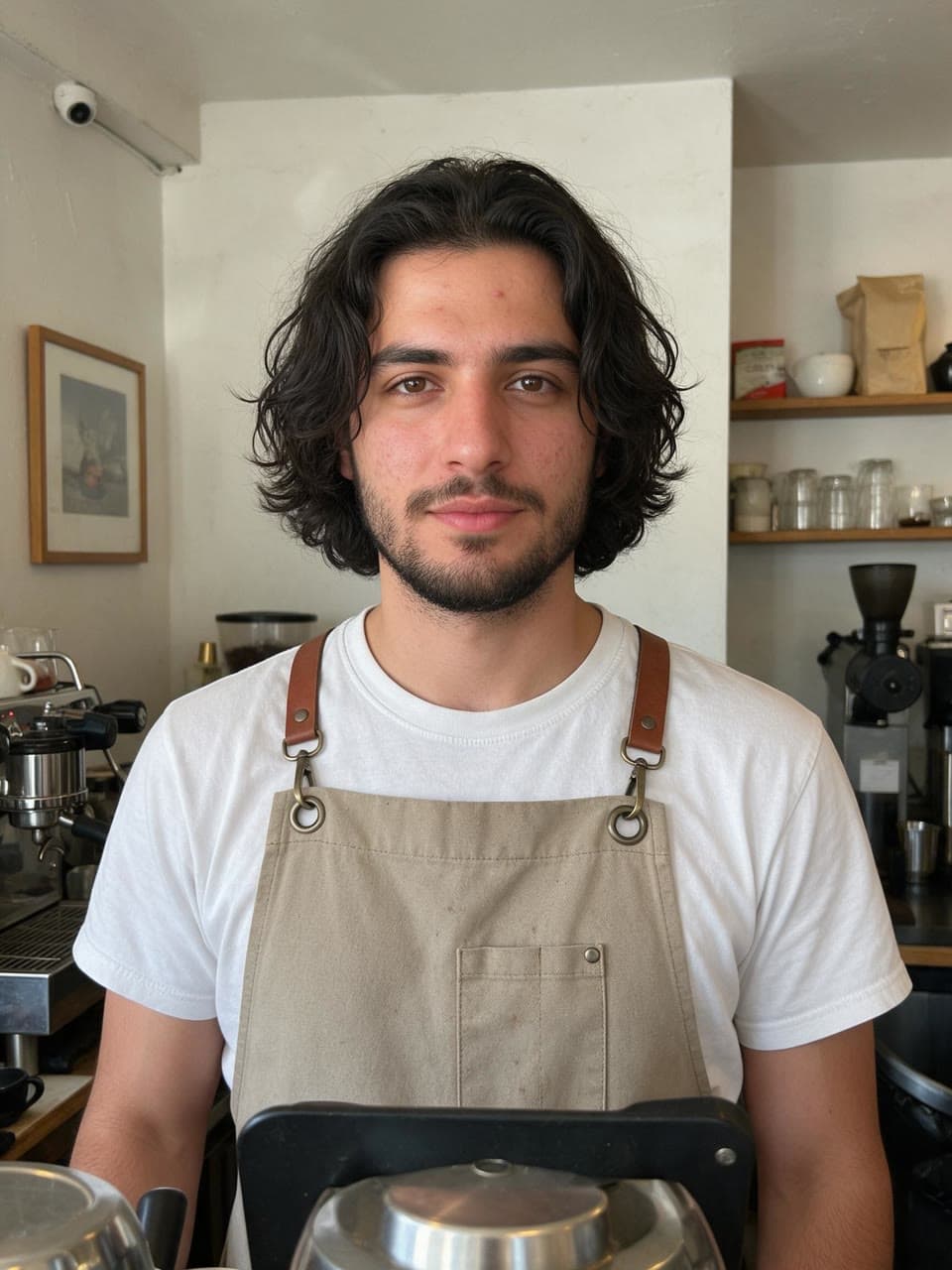 The photo the barista, slicked back started from