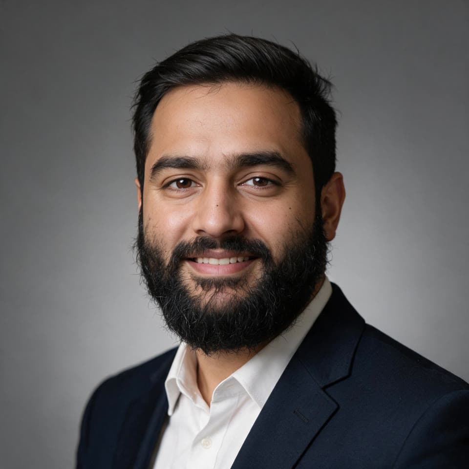 Grey studio headshot, a real run on Leap