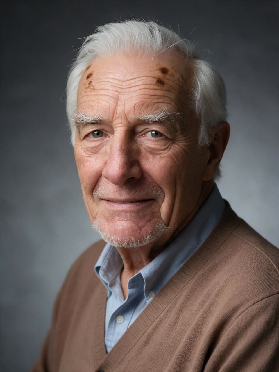 Grey studio headshot in his own cardigan, a real run on Leap