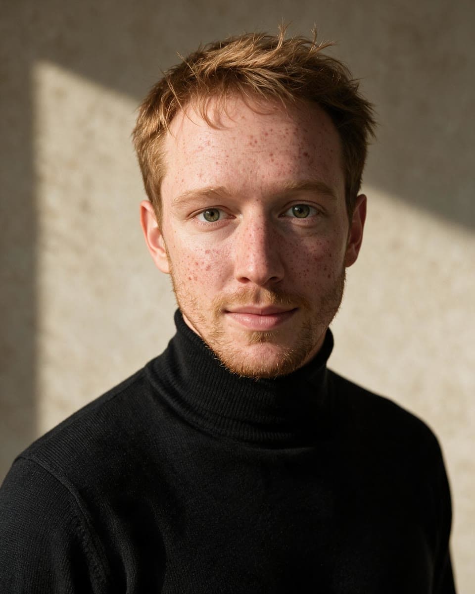 Warm studio headshot in a black turtleneck, a real run on Leap