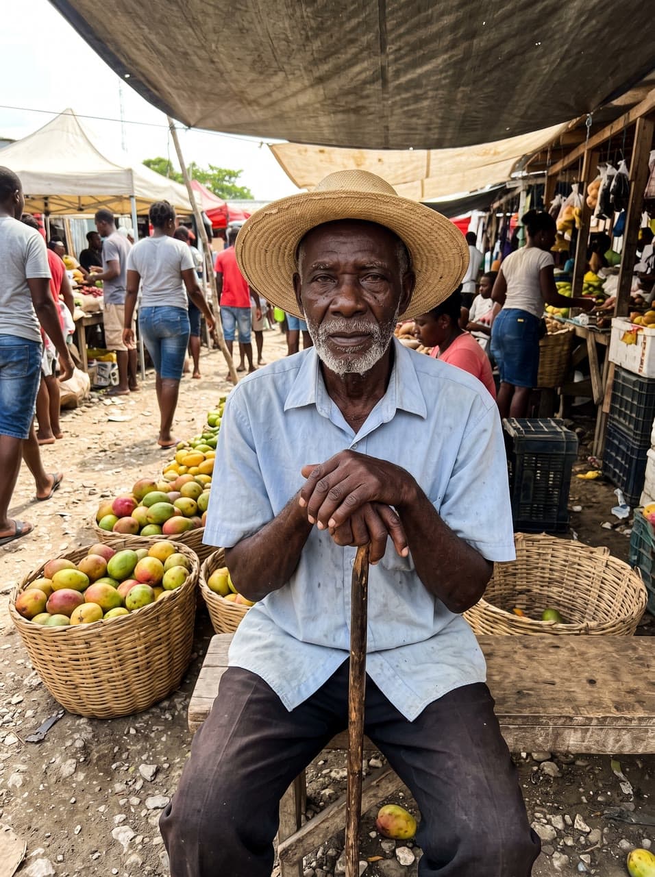 The photo jwaye nwèl, a mango market at dusk started from