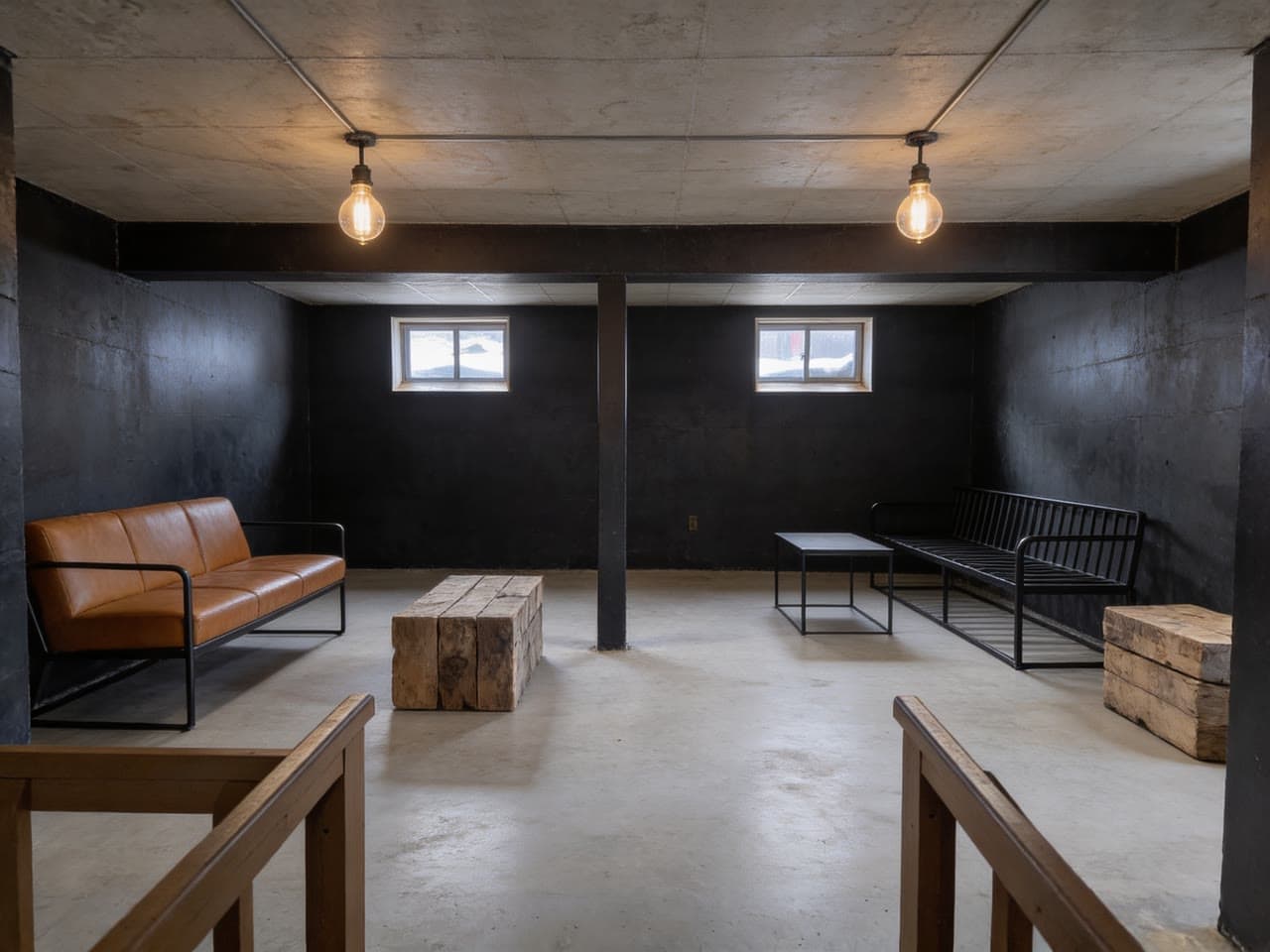 Basement rec room, industrial, a real run on Leap