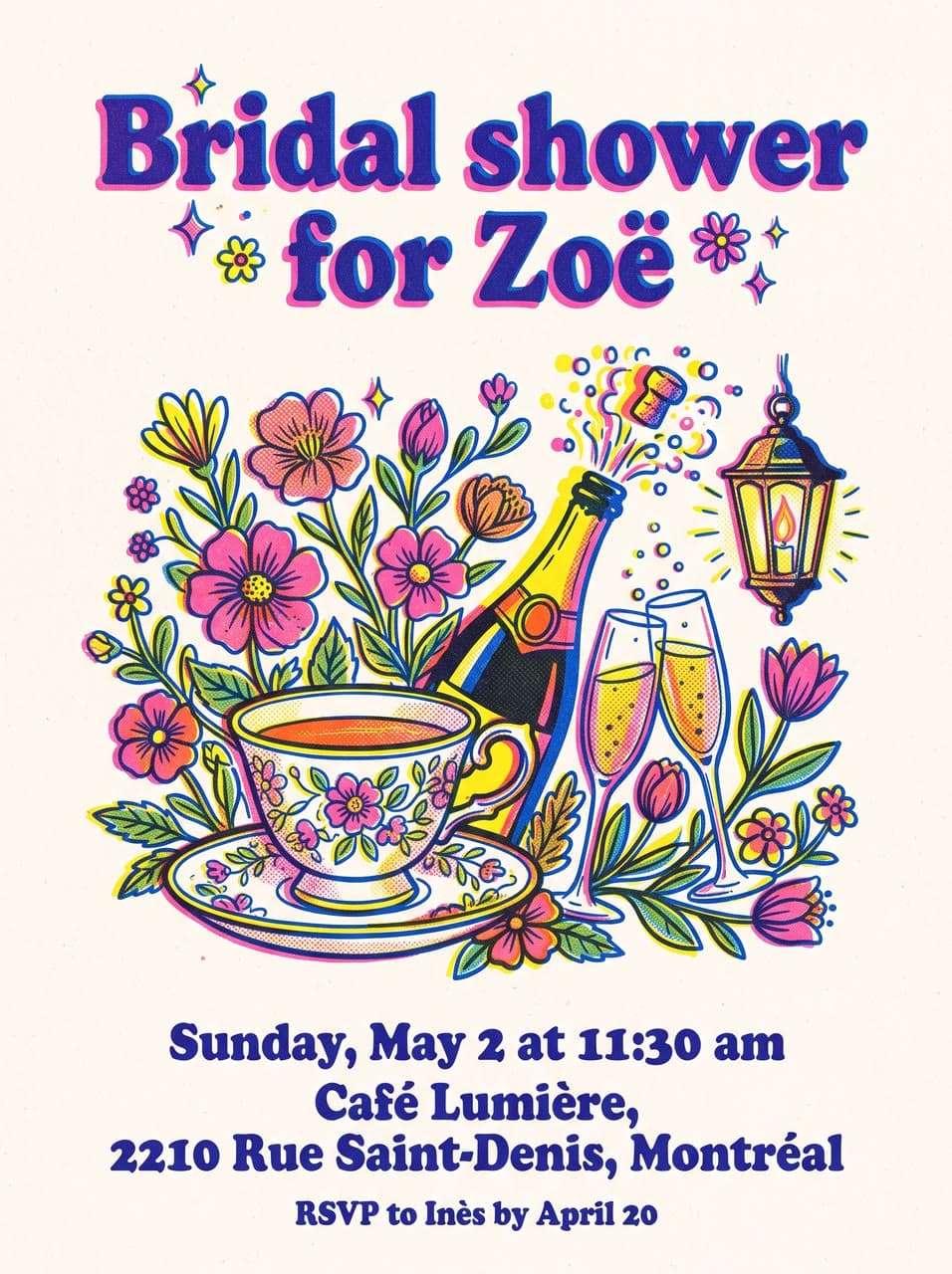 Bridal shower for Zoë, risograph, a real run on Leap